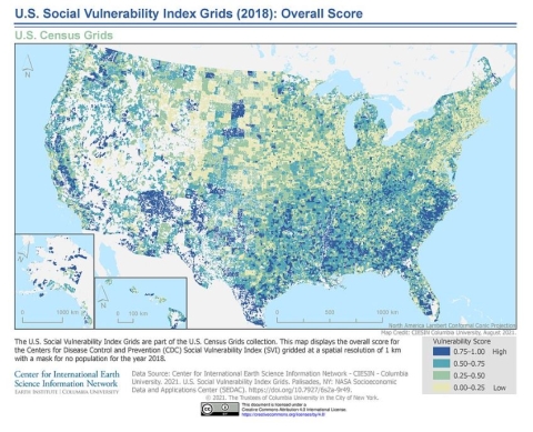 This map shows the overall social vulnerability index scores for communities across the United States.