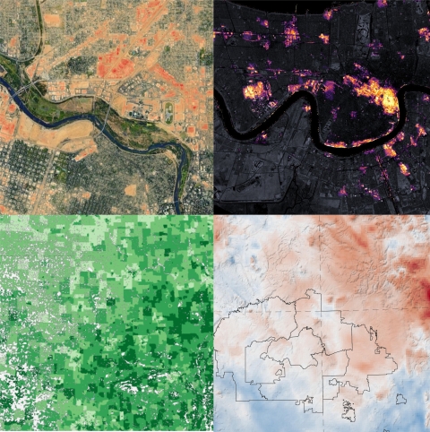 four-panel image showing examples of how Earth science data are used to support environmental justice.