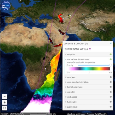 A screenshot of HiTIDE showing sea surface temperature data from the Advanced Microwave Scanning Radiometer 2 instrument launched aboard the Japan Aerospace Exploration Agency (JAXA) Global Change Observation Mission 1st-Water satellite. The image shows Africa, Europe, the Middle East, and Russia, as well as a swath of the Indian Ocean on which sea surface temperature data is displayed. Brighter colors correspond to warmer ocean waters.