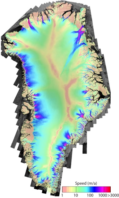 This color-coded map of Greenland shows a multiyear ice velocity mosaic for the Greenland Ice Sheet, superimposed upon topographic features along the coast. Highest velocities appear in magenta, intermediate velocities appear in blue and green, and lowest velocities appear in yellow. 