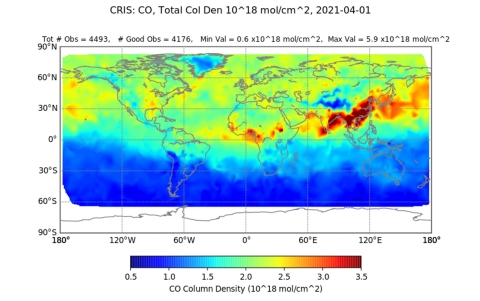 This visualization of Suomi NPP Cross Track Infrared Sounder data shows the density of carbon monoxide around the globe on April 1, 2021. 