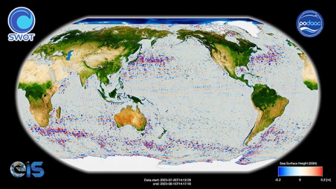 A global map from SWOT showing sea surface elevation.
