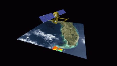 An artist's rendition of the SWOT satellite emitting radar pulses to Earth's surface.