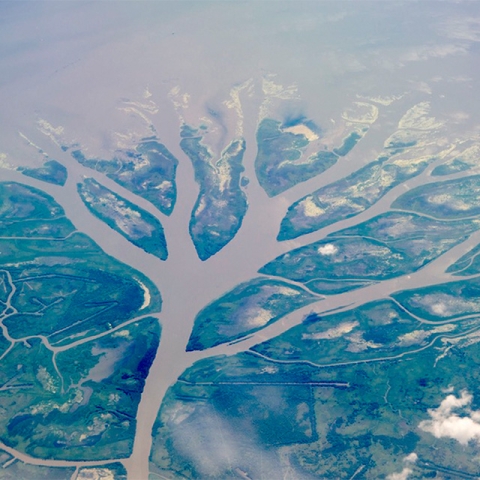 Picture of the Wax Lake Delta in Louisiana. JPL's Delta-X mission studies the natural processes that maintain and build river deltas. Credit: NASA/JPL-Caltech