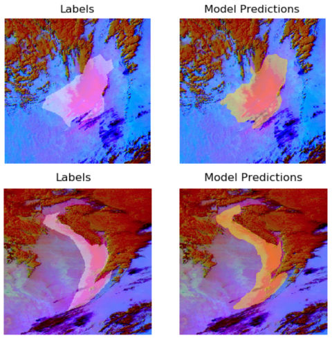 four images showing the accuracy of model predictions to human-labeled areas of dust.