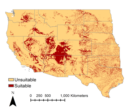 Map shows suitable and unsuitable habitats for tamarisk in the United States.