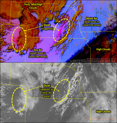 Comparison of images showing the deep magenta and purple colors given to dust in RGB imagery versus the difficulty of seeing dust in visible imagery.