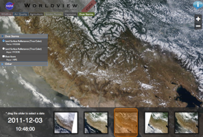 Screenshot of the first Worldview home page showing snow over mountains with the word