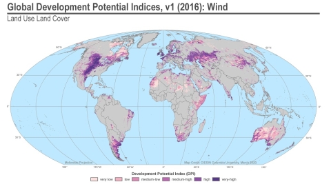 World map with shades of color on countries indicating potential for development. Highest potential for wind power development (dark purple) extends north to south through the U.S. and east to west across Eastern Europe.
