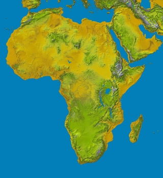 High resolution image of Africa with colors indicating topography.
