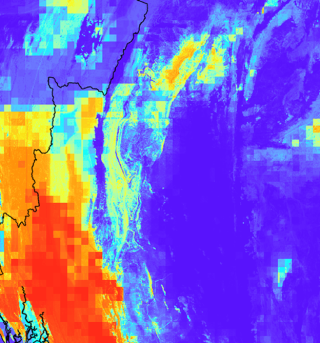 This screen capture from the Landslide Hazard Assessment for Situational Awareness shows an unidentified area on Earth's surface with high landslide potential along with satellite‐based precipitation estimates from Global Precipitation Measurement (GPM) mission.  The areas of precipitation in this image appear in blue, yellow, orange, and red. The brighter the color, the greater the intensity of the precipitation. 