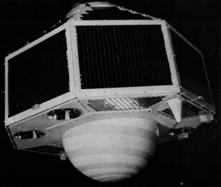 artists rendering in black and white of the geos-1 satellite in orbit