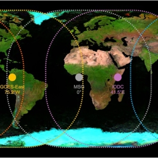 A global map is divided into sections by colorful dotted lines; each section represents the spatial coverage of a geostationary satellite used in FIRMS.