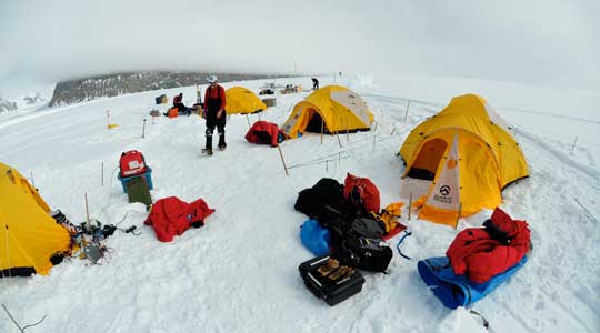 Photograph of a base camp on the Antarctic Ice Sheet