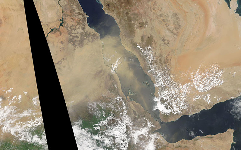 Dust blowing into the Red Sea on 30 June 2019 (Aqua/MODIS)