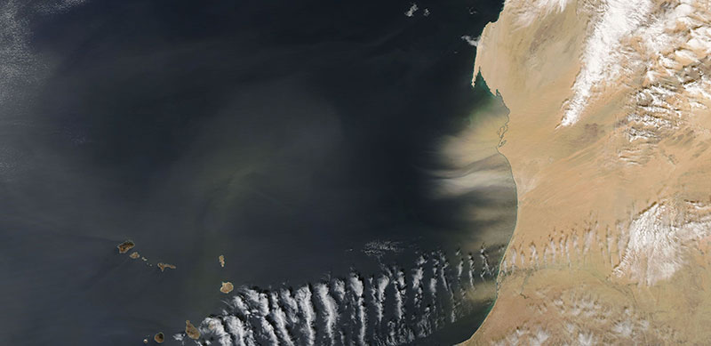 Dust Storm off the coast of Mauritania on 1 January 2018 (MODIS/Aqua)