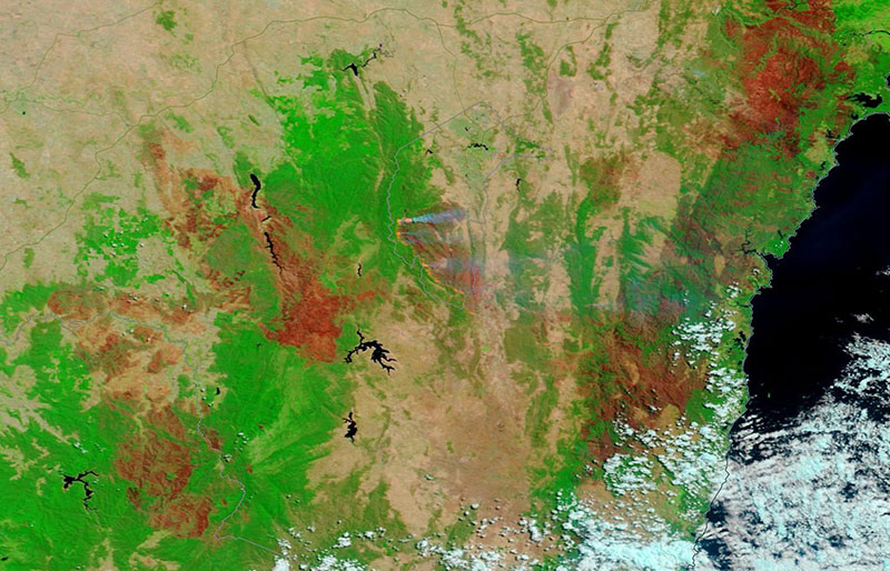 Fires in Namadgi National Park, Australia on 3 February 2020 (MODIS/Terra)